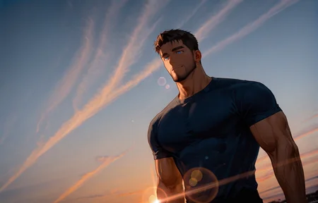 <lora:Cirrus-07:1> muscular man, Cirrus Clouds, gradient sky, sunset, outdoors, sky, scenery, muscular man, bokeh, backlight, lens flare, depth of field,  
(very short hair, beard, bara, mature, facial hair, stubble, beard, full beard, sideburn, beard, a lot of beard, ), facial hair,male focus, muscular male, muscular male, bara, mature,  bara, mature, dutch angle,
aixiwuganda_(20222192), very awa, masterpiece, best quality, absurdres, newest, perfect quality, detailed background, intricate details,
<lora:slider_Body Type_alpha1.0_rank4_noxattn_last:2><lora:style_Anime Summer Days 2 Style SDXL_LoRA_Pony Diffusion V6 XL:.6><lora:slider_cfg_scale_boost:.7><lora:face_Artist6p-10:.55>, Artist6p, Artist04p,<lora:slider_il_brightness_slider_d1:-1><lora:slider_il_contrast_slider_d1:-1><lora:slider_DarkSlider1.2_alpha1.0_rank16_full_300steps:-.6>