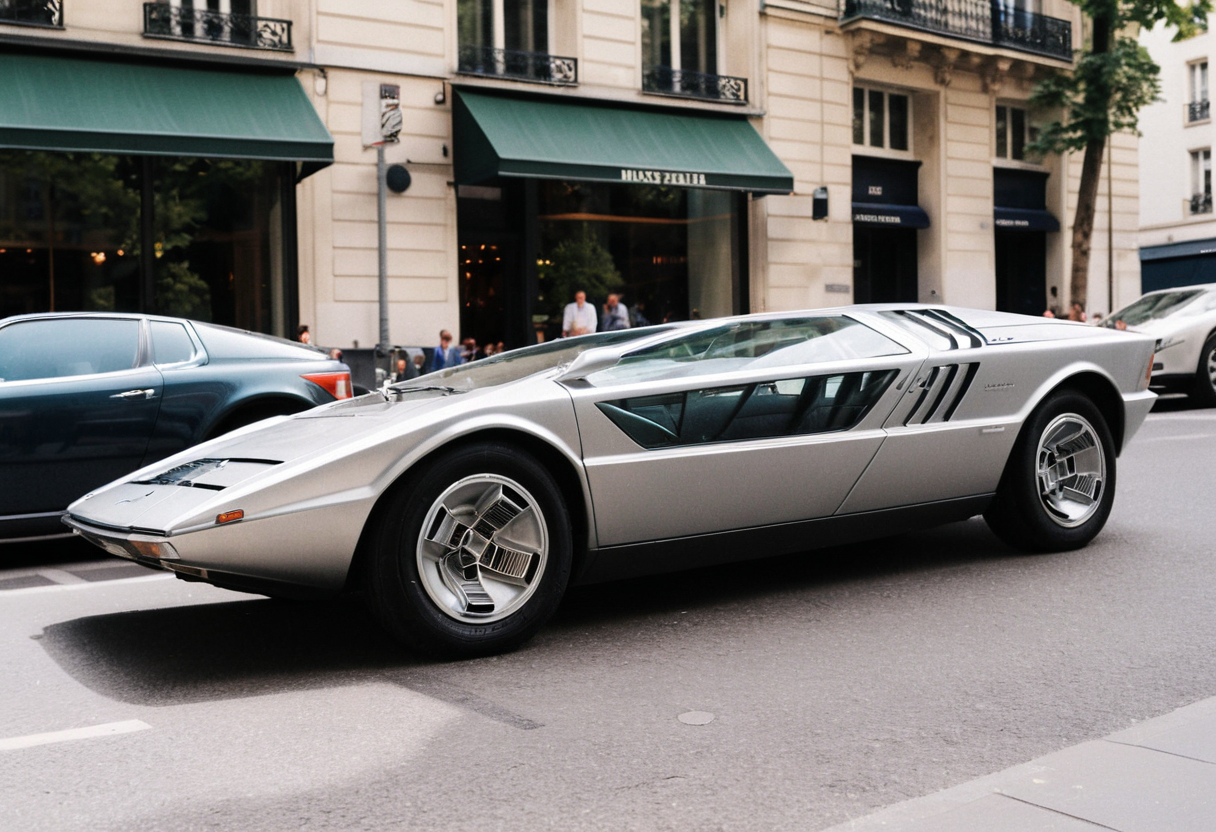 ClassicSportsCar, gleaming silver Maserati Boomerang, side view, Paris avenue, summer afternoon, 4K, highly detailed, (((stylish grainy analog 35mm film photo)))