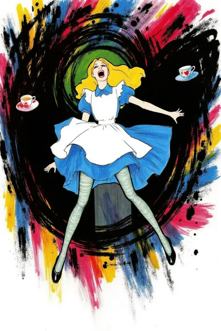 regr1 sketch. Overhead view of Alice in Wonderland falling into the rabbit hole, with her legs dangling beneath her. She is looking upward, her face filled with shock and terror as she screams. Her blue dress and white apron billow out around her as she tumbles, while her striped stockings and black shoes are visible below. The rabbit hole is a swirling, chaotic mix of vibrant colors, playing cards, teacups, and other Wonderland objects floating around her. Soft glowing light emanates from the tunnel walls, adding an eerie, fantastical feel to the scene. The sense of motion and fear is palpable as Alice falls deeper into the unknown. The background is stark white.
<lora:regr2_fashion_nocap_d6a3:1.0><lora:807671881651165015:0>