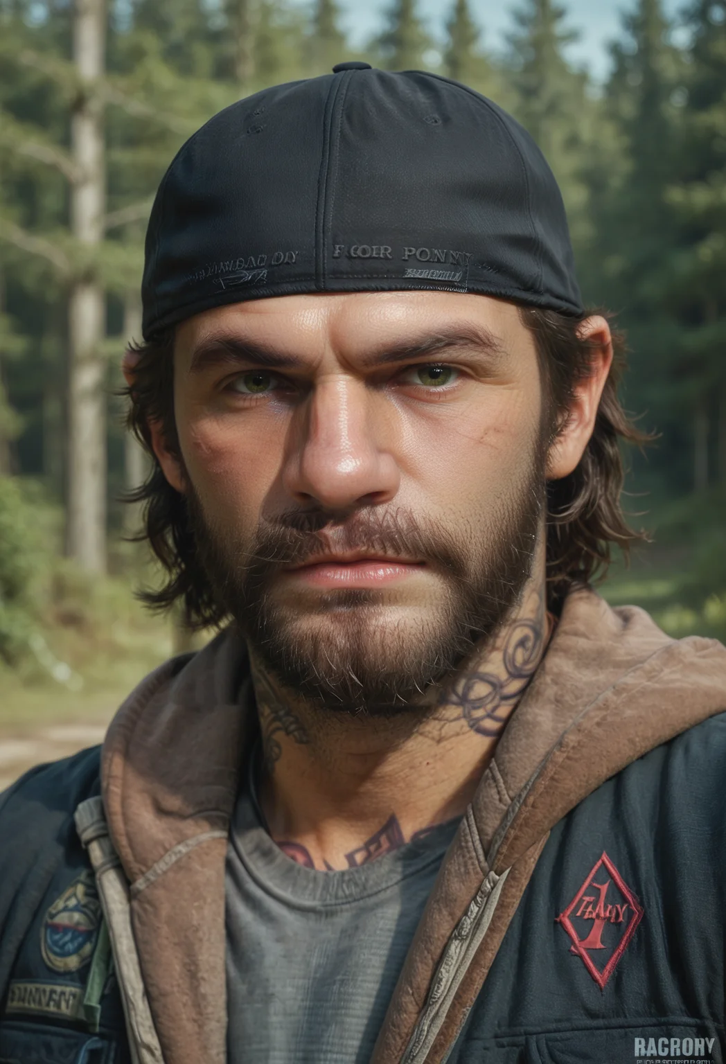 score_9, score_8_up, score_7_up, BREAK 1boy, solo, mature male, looking at viewer, upper body, muscular, portrait, (green_eyes:0.6), closed mouth,
beard, mustache, short hair, black vest, brown hoodie, tattoo, baseball cap, backward hat,
standing, grey shirt,
outdoors, forest path, sunny, <lora:Deacon_St._John:0.7>