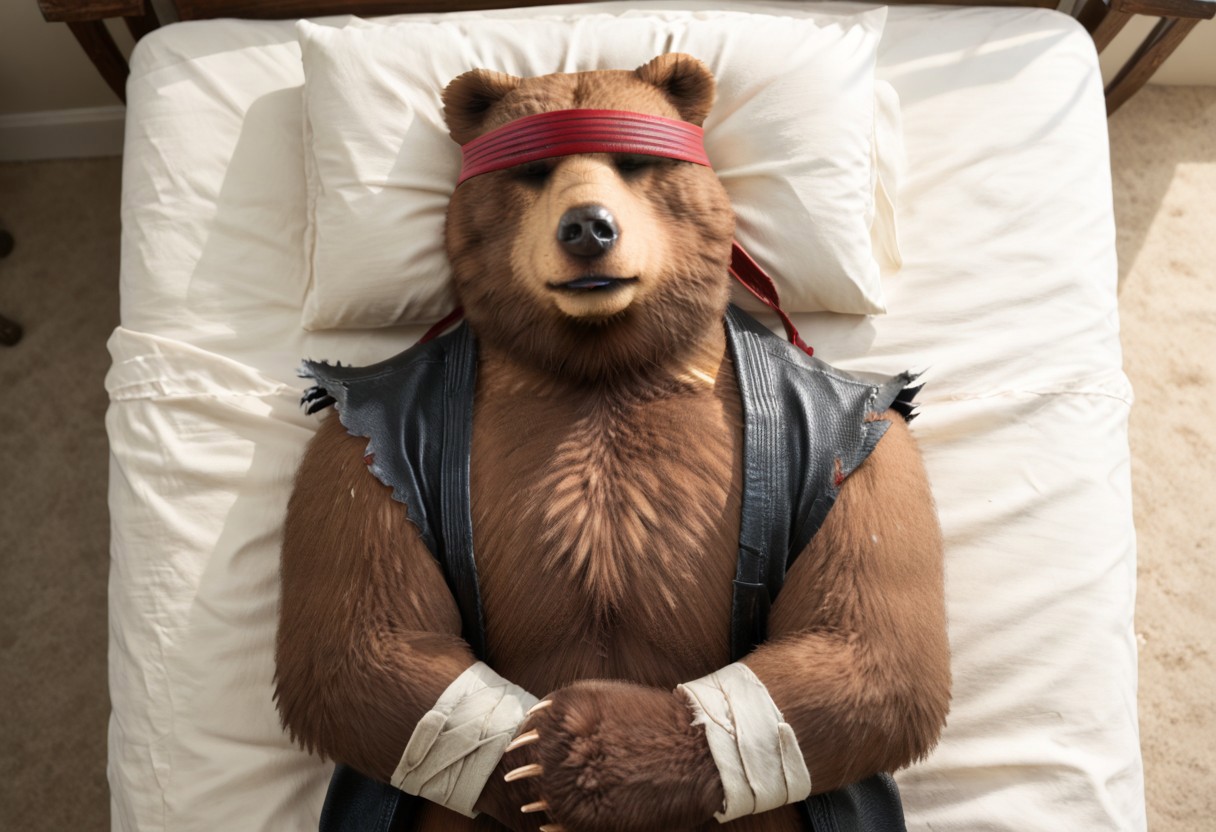 score_9, score_8_up, score_7_up, Expressiveh, masterpiece, best quality, highly detailed, realistic,  1boy, solo, (KumaTK, furry, anthro, bear, black nose, scratched nose, brown body, brown fur, red hairband, dark-grey gi top, martial arts uniform, vest, torn sleeves), upper body, high-angle view, sleeping, closed mouth, claws, (5 fingers), black paw pads, sleeping, (bedroom, bed, simple background), on side