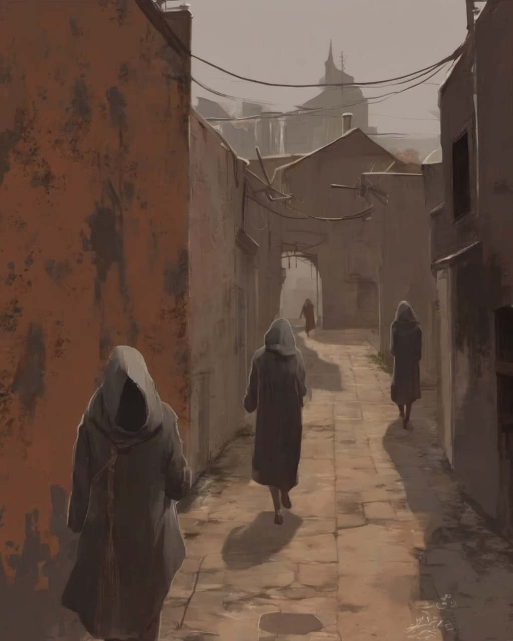 <lora:PathologicStyleXL:1>, a back alley with people walking , pathologic style