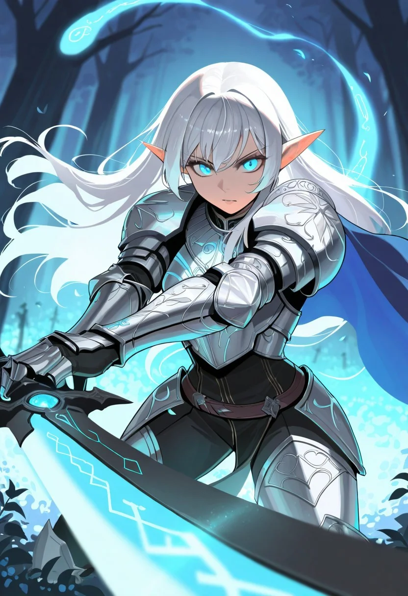 score_9, score_8_up, score_7_up, breathtaking, masterpiece, best quality, newest, absurdres, highres, embedding:lazypos, 1girl, solo, elf, long silver hair, glowing blue eyes, intricate silver armor, enchanted sword, battle-ready stance, flowing blue cape, delicate elven features, ornate pauldrons, magical runes, moonlit forest, mystical aura, soft ethereal glow, fantasy setting, detailed background, depth of field, dynamic pose, dramatic composition, foreshortening, detailed background, dynamic pose, dynamic composition,dutch angle, detailed backgroud,foreshortening,blurry edges, by saniiwan, by abbey and bear
