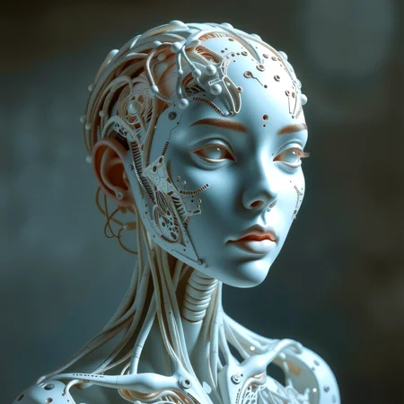 breathtaking Feast your eyes upon this astonishingly lifelike sculpture of a synthetic coral girl, whose organic form has been expertly molded to mimic the complex structure of a neural network. Devoid of hair, her mechanical visage boasts an unsettling yet captivating pattern of trypophobic indentations, drawing the viewer in with a magnetic pull. Crafted from lustrous white porcelain, her flawless skin reflects the soft glow of natural lighting, casting intricate shadows that reveal the staggering level of detail contained within. Boasting razor-sharp focus and hyperrealistic textures, this masterwork pushes the limits of photorealism to previously unexplored heights. Every minute crease and fold has been meticulously reproduced, resulting in an incredibly lifelike representation that seems almost poised to spring forth from the screen. Shot using top-of-the-line DSLR equipment capable of recording in 8K UHD and HDR, this ultra-detailed image possesses a breathtaking clarity and depth rarely achieved in digital media. . award-winning, professional, highly detailed <lora:flux/Realism 2>, <lora:fantasy_portrait_by_cosmic>,