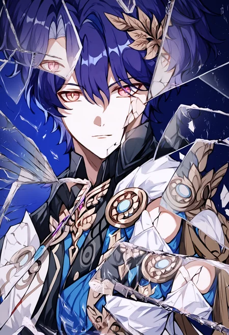 score_9, score_8_up, score_7_up, score_6_up, score_5_up, score_4_up, <lora:intricate_details:0.25> intricate_details_xl, face focus
<lora:Honkai_Impact_Dr_Ratio_v1.1:1> 1boy, solo, Dr. Veritas Ratio, Dr. Ratio, honkai: star rail, solo, 1boy, male focus, gloves, short hair, blue hair, pink eyes, yellow pupils, hair between eyes, looking at viewer <lora:BreakingGlassXLPDCAME:1> IncrsXLBrknGls, broken glass, reflection, upper body, blue background, gradient background, abstract background