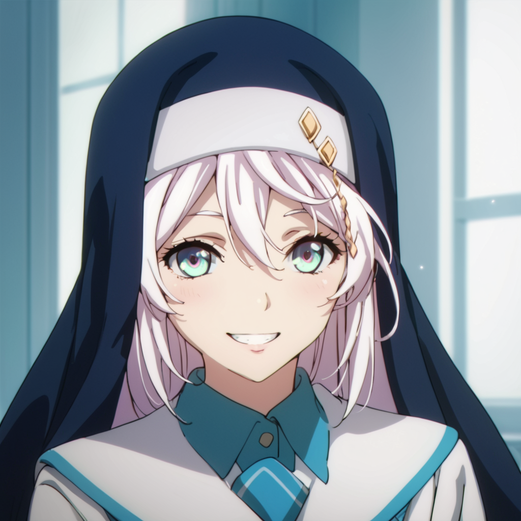 score_9, score_8_up, score_7_up, score_6_up, score_5_up, score_4_up, source_anime,  Shizuri, white hair, nun, , school uniform, portrait, smile