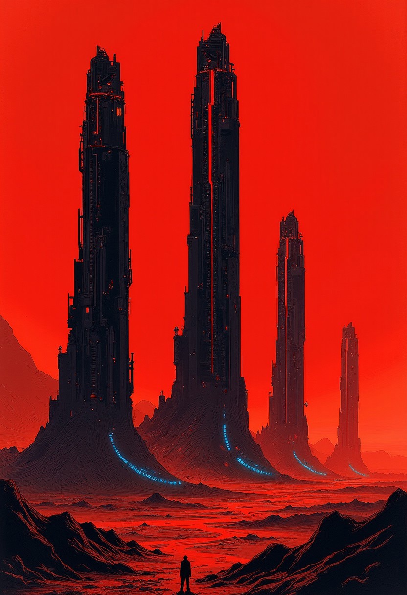 inksketch in red and black of towering, enigmatic structures rising from a barren, arid landscape. Each tower is adorned with intricate, glowing lines of orange and blue lights, hinting at the advanced technology within. In the distance, other towering monoliths are visible, creating a sense of endlessness. The lighting, casting long, dramatic shadows. The camera is set at ground level, looking up at the overwhelming scale of the station, emphasizing its imposing and mysterious nature, silhouetted against a red sky