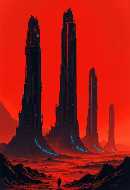 inksketch in red and black of towering, enigmatic structures rising from a barren, arid landscape. Each tower is adorned with intricate, glowing lines of orange and blue lights, hinting at the advanced technology within. In the distance, other towering monoliths are visible, creating a sense of endlessness. The lighting, casting long, dramatic shadows. The camera is set at ground level, looking up at the overwhelming scale of the station, emphasizing its imposing and mysterious nature, silhouetted against a red sky