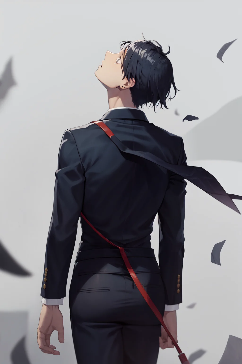masterpiece, best quality, highres, 1boy, expressionless, wind blowing, standing, from behind, shaft head tilt <lora:shaft_head_tilt2:1.0> <lora:HayakawaAkiChainsawMan_HayakawaAkiChainsawMan:1>