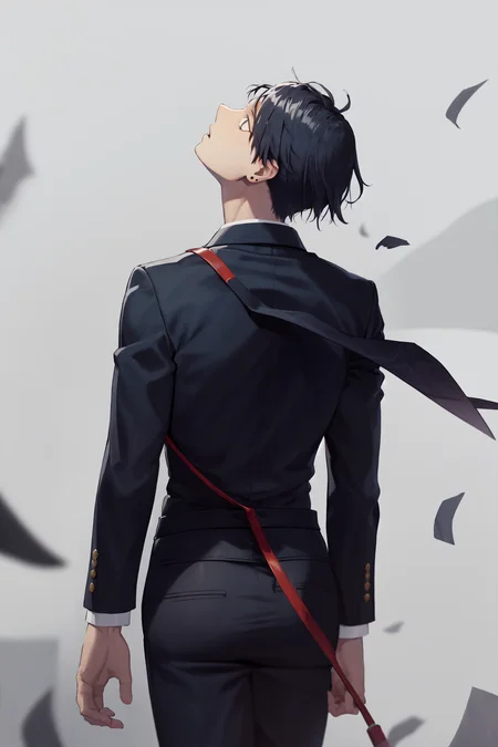 masterpiece, best quality, highres, 1boy, expressionless, wind blowing, standing, from behind, shaft head tilt <lora:shaft_head_tilt2:1.0> <lora:HayakawaAkiChainsawMan_HayakawaAkiChainsawMan:1>
