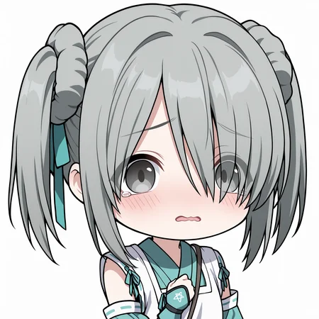 masterpiece,best quality,newest,absurdres,highres,1girl,no nose,solo,mutsuki face \(blue archive\),portrait,chibi,<lora:mutsukifacebaillusxl:0.8>,
white background,simple background,blush,wavy mouth,scared,tears,hand on own chest,
BREAK <lora:Takenaka_Hanbee_ONY_illuV01_b3g2plw1c1ogwdblr_spd_d32a16_lr341y273_rvs_ppsf_atan2_lr540y38_b>,
TH_ONY,grey hair,short hair,long bangs,short twintails,green ribbon,hair ribbon,grey eyes,hair over one eye,eyes visible through hair,brown shoulder strap,white overcoat,green short kimono,green detached sleeves,puffy sleeves,green wrist guards,pentagram print wrist guards,