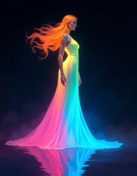 in the style of cksc, 

fantasy aesthetic. , digital artwork of a futuristic, natural colors, , epic.  luminescence, ultra realistic, hyper detailed, soft lighting , epic scale.
(detailed digital painting, detailed oil painting). 

TA digital painting featuring a semi-realistic beautiful shapely young Italian female character standing close gracefully in aesthetic pose, her glowing long hair flowing in soft waves as if moved by a gentle breeze. She wears a long sleek flowing dress that appears to glow brightly in shades of flashy orange at the top and hair, day-glo salad-green in the middle and glowing indigo bottom of the hem, creating a vibrant gradient of luminous colors against the very dark gradient background. Very dim lighting, dark environment. The woman stands barefoot, her reflection is clearly visible on the perfectly clean reflective surface below her, which glows faintly the colors of her dress. Her body posture is confident and elegant. The overall neon lighting effect and the soft yet vibrant color transitions create a futuristic and dreamlike atmosphere., dynamic, dramatic, vibrant colors. . . Exquisite cyberpunk. retroFuturism. . (Depth of field)..  .
masterpiece, best quality, medium-format camera,  high-contrast, dramatic lighting, striking composition,  
 The overall composition feels cinematic. mythp0rt

<lora:SDXL\FLUX_frazetta_flux_v2-000150.safetensors:1.0>, Frank Frazetta



