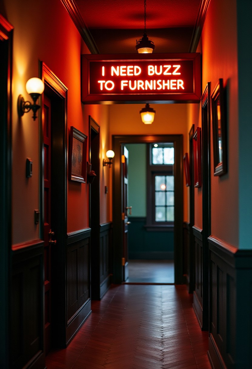 at night, indoor, hallway, country villa, sign that reads I need buzz to furnish
