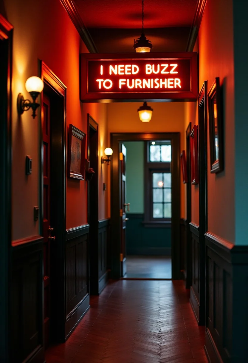 at night, indoor, hallway, country villa, sign that reads I need buzz to furnish