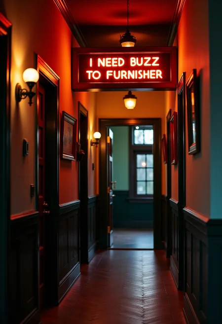 at night, indoor, hallway, country villa, sign that reads I need buzz to furnish