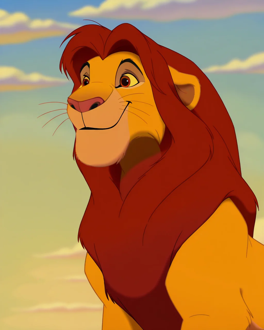 masterpiece, best quality, amazing quality, absurdres, DisneyRenstyle, DLK, mammal, Simba, disney, the lion king, felid, cloud, smile, feral, sky, male, red mane, whiskers, fur, hi res, outside<lora:Disney_Renaissance_IllustriousV1:1>