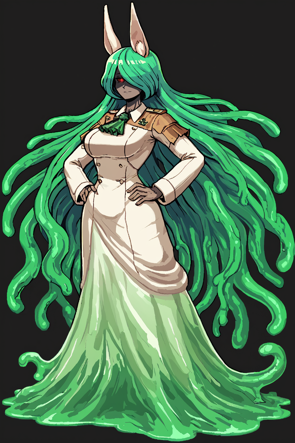 score_9, score_8_up, score_7_up, score_6_up, score_5_up, score_4_up, BREAK, source_anime, solo, 1girl, rating_safe, ((mature female)), ((long green flowing hair)), mechanical parts, ((plastic, polymer, metal body)), (big mechanical rabbit ears), mature female, (bunny ears), (animal ears), subdermal port, ((milf, mature female, big breasts)), hexagon lines in skin, naval uniform overcoat, naval uniform, white military uniform, dress_uniform, ribbons, ((red eyes)), bunny tail, rabbit tail, aiguillette, ((green hair)), ascot, ((Ground level (from behind) view Extreme Distance shot, Standing with hands on hips, cute, confident expression )), pilot suit, shoulder cutout, bunny rabbit Tail, ((hair over one eye, )), digitigrade, clawed feet, minimal clothes, ((metal skin, shiny skin, vampire aesthetic, digital eyes, filled eyes, monochromatic eyes, glowing eyes, colored sclera, red sclera, mechanical eyes, partially shaded face, slit pupils, angular, minimal face, minimalism, narrow eyes, large eyes)), (anubis \(mythology\), anubis \(mythology\), ), <lora:Pony_DetailV2.0:1.5>, <lora:age_slider_v4:4>, ((dark, shaded, black background, horror, GREEN HAIR,)) <lora:ECHANIS:0.7>,  <lora:Valmardraws:1> by valmardraws, pixel art,  <lora:slime sex_pony_V1.0:1> slime sex, slime