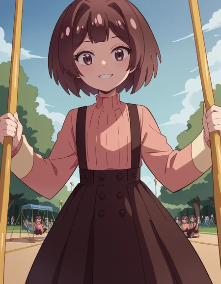 score_9, score_8_up, score_7_up, source_anime, <lora:sakura-sonoue-s1-ponyxl-lora-nochekaiser:1>, sakura sonoue, short hair, bangs, brown hair, brown eyes, hair intakes, bob cut,, skirt, long sleeves, sweater, suspenders, high-waist skirt, brown skirt, suspender skirt, pink sweater, public park, playground, swing set, laughter, sunny day, , looking at viewer, smile, solo,, cowboy shot, dutch angle