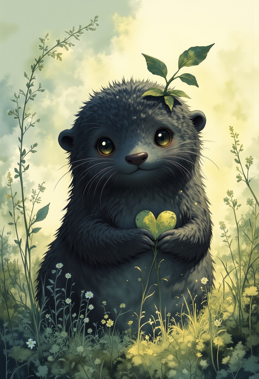 Studio Ghibli Whimsical Fairytale – A digital illustration of an adorable, fluffy black dark otter sitting in a serene natural setting. A small leaf rests on its head, tilted slightly to one side, adding to its playful charm. In its tiny paws, it holds another leaf, roughly shaped like a heart, as if presenting it with affection. The background is soft and dreamy, with gentle hues of green and warm golden light filtering through. The atmosphere is peaceful and heartwarming, evoking a sense of wonder and innocence. No humans. The scene features only the otter, lush grass, delicate flowers, and a calm, natural environment. The otter gazes sweetly at the viewer with big, expressive eyes.