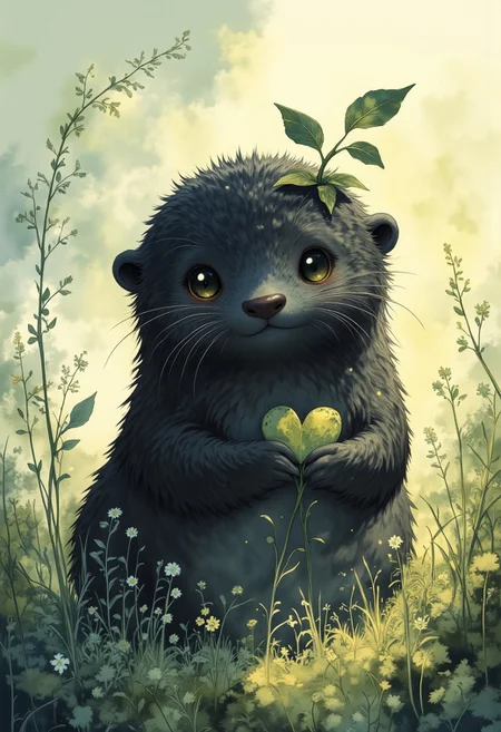 Studio Ghibli Whimsical Fairytale – A digital illustration of an adorable, fluffy black dark otter sitting in a serene natural setting. A small leaf rests on its head, tilted slightly to one side, adding to its playful charm. In its tiny paws, it holds another leaf, roughly shaped like a heart, as if presenting it with affection. The background is soft and dreamy, with gentle hues of green and warm golden light filtering through. The atmosphere is peaceful and heartwarming, evoking a sense of wonder and innocence. No humans. The scene features only the otter, lush grass, delicate flowers, and a calm, natural environment. The otter gazes sweetly at the viewer with big, expressive eyes.