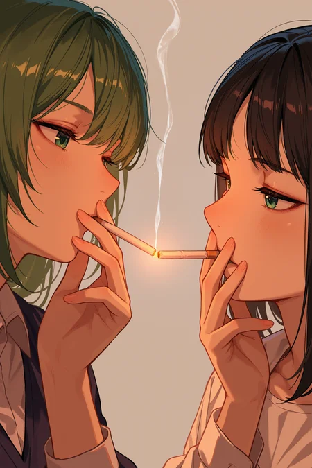 masterpiece, best quality, absurdres, safe
2girls, cigarette kiss, holding cigarette, smoking, simple background
<lora:cigarette_kiss_il_2_v4_d32_final:1>