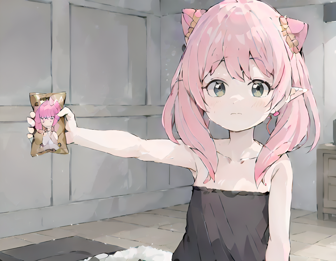 masterpiece,solo,anime-style,a  woman  holding a pack of peanuts in her one hand,<lora:frieren_meme-000014:0.85>,room, <lora:anya  (spy x family):0.8> anya \(spy x family\), pink hair