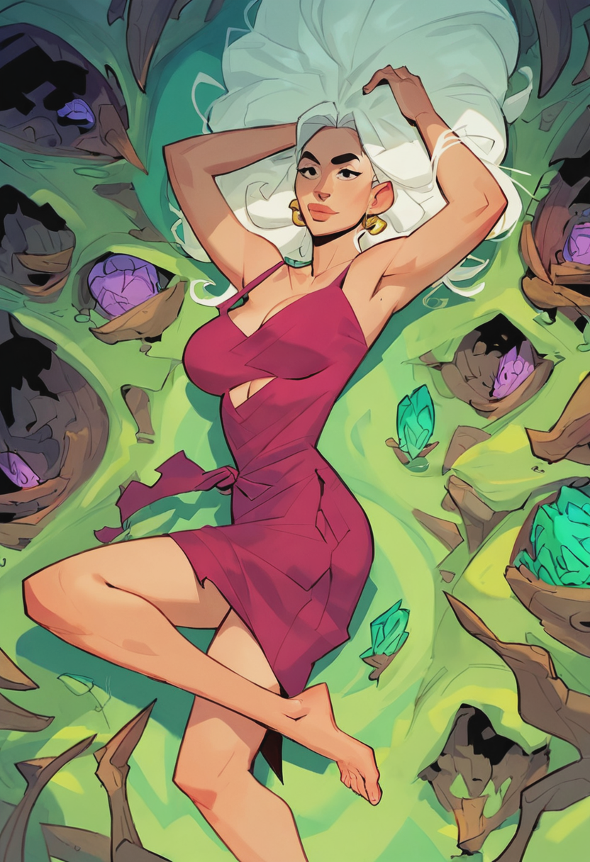 score_9, score_8_up, score_7_up, source_anime, 1girl, large_breasts, mature_female, portrait, solo, looking_at_viewer, open_eyes, Lying with one leg bent, pov, (Erin Sari Sarong), big hair, beehive, White hair, dam, lower_body, rating_safe, <lora:pony\artist_styles\max_grecke_pony:1.0>