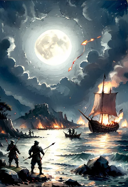 night time, full moon, army standing on shore, army shooting fire arrows, burning longship sailing
