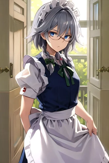 solo, 1girl, solo_focus, (((masterpiece))), ((best quality)), ((ultra-detailed)), high resolution, absurdres, highres, ultra-detailed 8k unity wallpaper,
((glasses, bespectacled, )):2,
izayoi sakuya,
1girl,blue eyes, maid headdress, braid, grey hair, maid, twin braids, short hair, wrist cuffs, bow, hair bow, short sleeves, ribbon, apron,