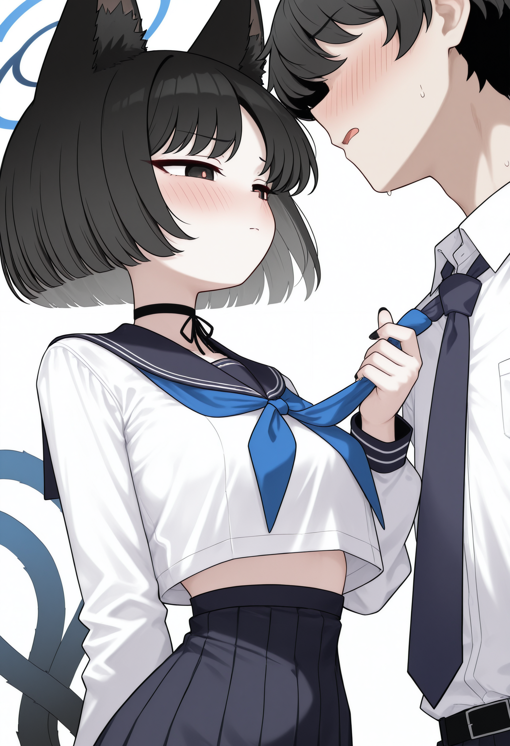 narrow waist,slender,petitekikyou \(blue archive\), 1girl, blush, short hair, shirt, black hair, long sleeves, 1boy, animal ears, school uniform, tail, white shirt, upper body, choker, serafuku, cat ears, sailor collar, nail polish, black eyes, halo, neckerchief, cat tail, black choker, cat girl, black nails, multiple tails, faceless, black sailor collar, blue halo, blue neckerchief, two tails, neckwear grab, necktie grab,masterpiece,best quality,newest,absurdres,highres,very awa, <lora:None:1.0> <lora:WOF_å½±ä¹ç¼:0.9500000000000002>