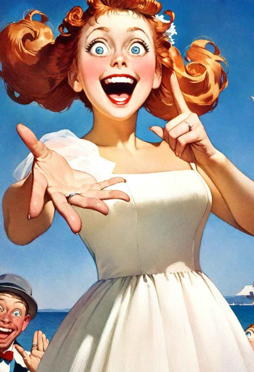 masterpiece, best quality, very aesthetic, absurdres,

1girl, solo, a young woman looking at a new wedding ring on her finger, open hand, wide eyes, excited, happy, ginger, curled hair, makeup, blue sky, (seagulls in the distance:0.5),

norman rockwell style