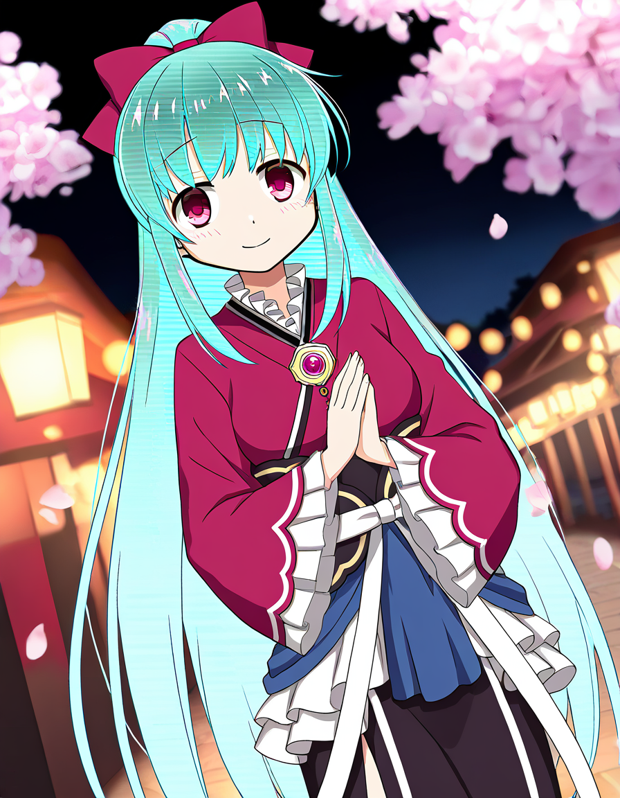 masterpiece, best quality, newest, absurdres, highres, safe, 1girl, amane tsukuyo, magia record: mahou shoujo madoka magica gaiden, glitch hair, glitch, solo, smile, outdoors, cherry blossoms, night, dutch angle, <lora:amane_tsukuyo_noobaiXLNAIXL_vPred10Version:0.7>