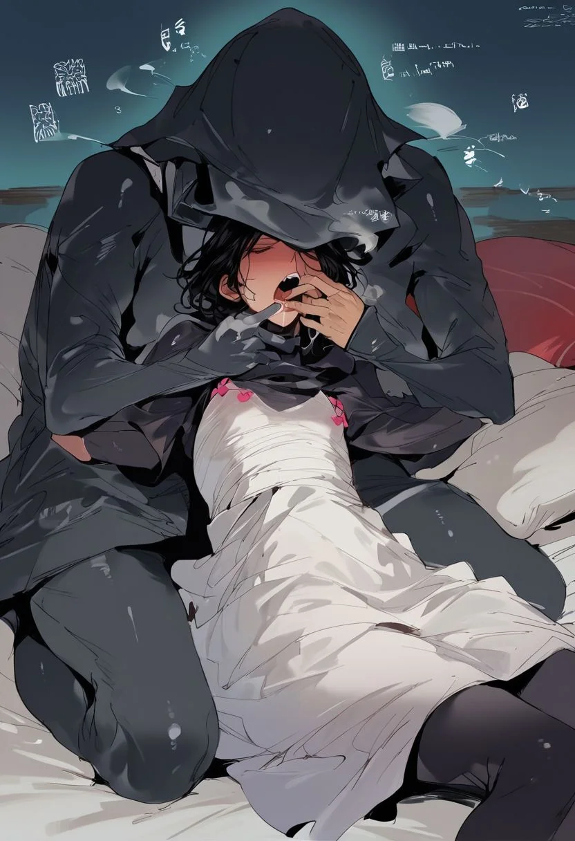 score_9, score_8_up, score_7_up, score_6_up, score_5_up, score_4_up, night, ((white bed)), (((bedroom))), ((young)), ((young body)), ((petite)), ((short)), (impact effect), (motion blur), (breath), (((((1girl))))), ((mouth poison liquid)), (((finger in the mouth by black bodysuit))), sleep face, ((((chloro)))), black hood, black skin, black face, black mask
yyjytjr856856356sd73, black hair, (((white victoria dress))), (((white royal dress)))
