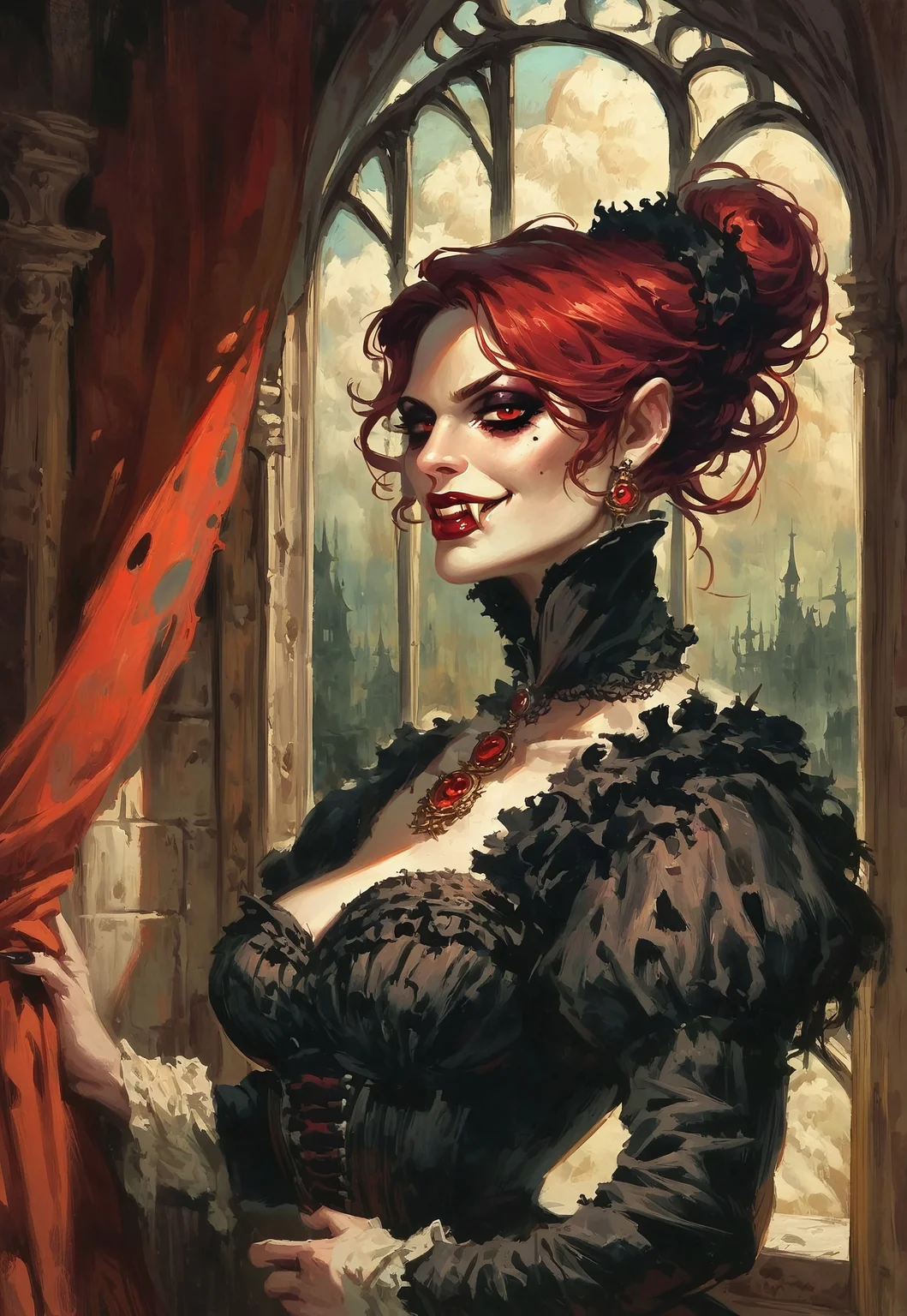 score_9, score_8_up, score_7_up, gop, oil painting \(medium\), gothic, horror \(theme\), victorian style, castle, interior, rimlight, 1girl, vampire, beautiful face, lips, red hair, high bun ponytail, pale skin, red eyes, red lipstick, looking at viewer, high collar dress, necklace, dark eyeshadow, smirk, fangs, portrait