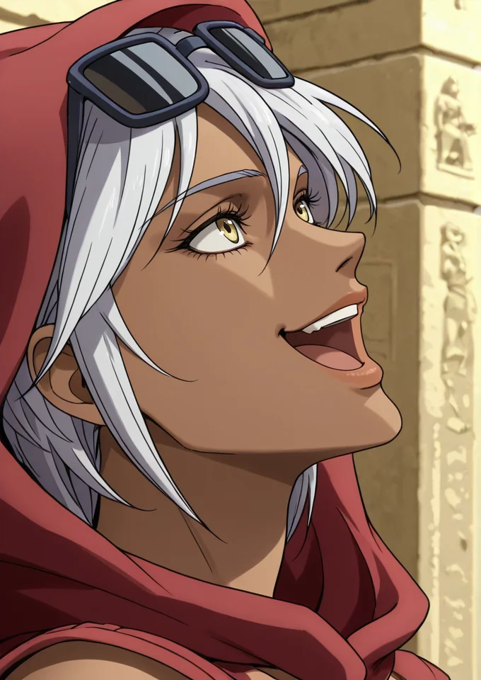 (jojo:0.6), outlines, M4r1ah, mariah, girl, white hair, sunglasses on head, tanned skin, red cloak, yellow top, close up, ancient egyptian tomb, mouth wide open, wide laugh, side view, looking up <lora:Mariah_-_IL:0.7>