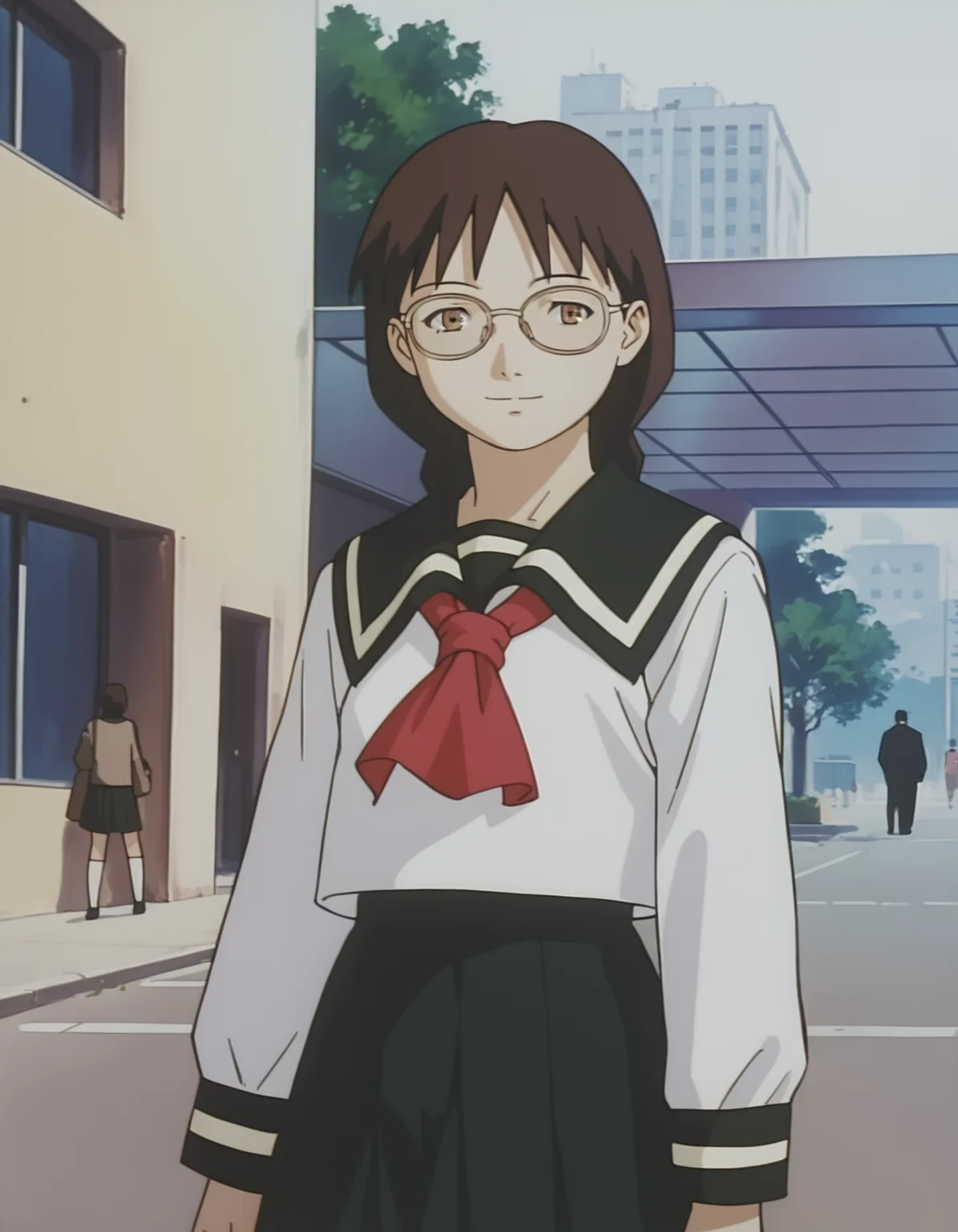 score_9, score_8_up, score_7_up, source_anime, <lora:boogiepop-2000-ponyxl:0.85> 1girl, suema kazuko, glasses, light smile, serafuku, pleated skirts, sidewalk, upper body