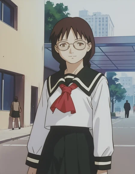 score_9,  score_8_up, score_7_up, source_anime, <lora:boogiepop-2000-ponyxl:0.85> 1girl, suema kazuko, glasses, light smile, serafuku, pleated skirts, sidewalk, upper body