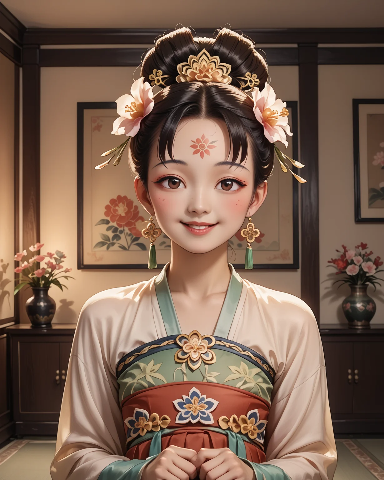 score_9, score_8_up, score_7_up, 1girl, wearing tangfa, tangfa clothes, portrait, pretty asian decor, asian living room, flower vases, hardwood flooring, shy smile, masterpiece, highest quality, absurdres, (extremely detailed,best quality:1.1), detailed face, detailed hair, <lora:TangFashion_XL:0.85>, <lora:OtherStyle_08-Merge5_06_04_02_02:1>
