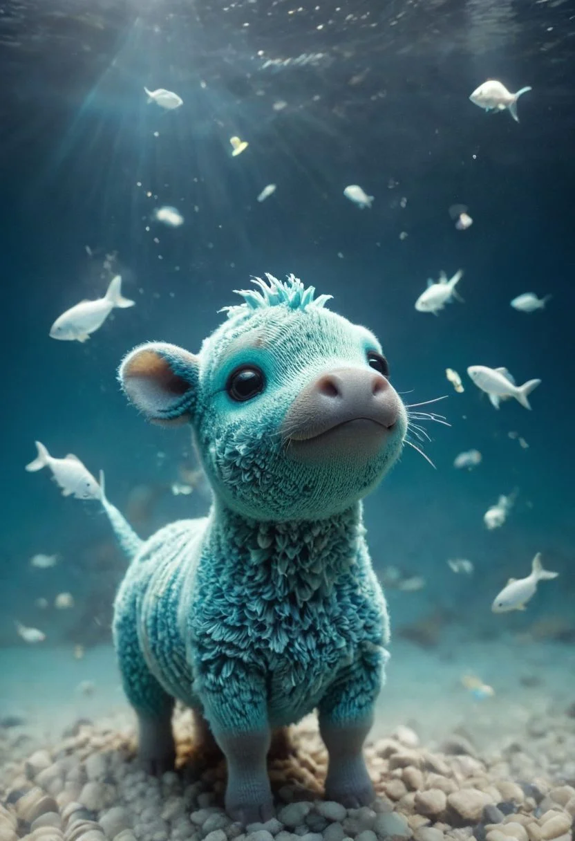 A mystic DARK turquoise cute small cow-fish in pastel neon striped knitted fluffy bodysuit, crepuscular rays, volumetric lighting, ultra detailed, an (koi-carpius-mechus:1.2) that is repelling (moody deep dark-blue water:1.1), 8k, amidst a swarm of even smaller fishes