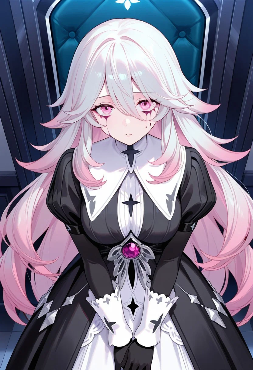 AMAZING QUALITY, MASTERPIECE, 1GIRL, CHIARA, WHITE HAIR, PINK HIGHLIGHTS, PINK EYES, DRESS, EYE STAINS, GLOVES