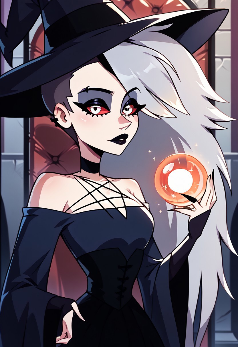 SCORE_9, SCORE_8_UP, SOURCE_FURRY, BREAK, SOLO, WITCH DRESS, WITCH HAT, BREAK, ON CASTLE THRONE, HIGH RESOLUTION, VIVID TEXTURES, DETAILED PUPILS, holding a magical orb in hand, casting a magic spell, Human Loona, makeup, eyeshadow, black lips, grey hair, undercut