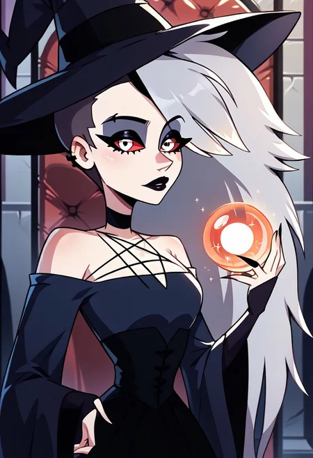 SCORE_9, SCORE_8_UP, SOURCE_FURRY, BREAK, SOLO, WITCH DRESS, WITCH HAT, BREAK, ON CASTLE THRONE, HIGH RESOLUTION, VIVID TEXTURES, DETAILED PUPILS, holding a magical orb in hand, casting a magic spell, Human Loona, makeup, eyeshadow, black lips, grey hair, undercut