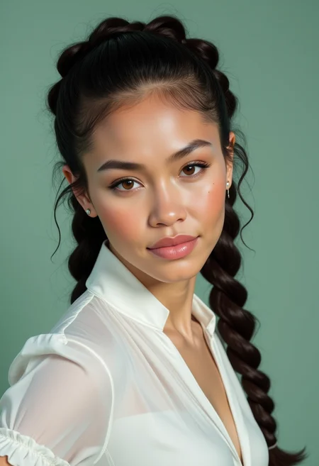 She is approximately 18 years old. Hyperrealism, she is looking at the camera, (dynamic angles), profile headshots of a beautiful, stunning unique female character. she has dark hair,long hair, braid. her eyes are filled with joy and excitement, extravagant eyelashes. a photo of BGv2, she is wearing a white frilly shirt. The woman is posing confidently. simple sage green colored background. She has a slight smile on her face and is looking directly at the camera. making this image a masterpiece of photography and digital art. realistic. making this image a masterpiece of photography and digital art. Style: realistic hyper-detailed rendering, 32k UHD, expressive eyes, punk, graphic design, girl's face, pretty and cute, gleaming lips, telling a tale of adventure. Exuding confidence and serenity. The overall mood of the image is happy and relaxed,detailed skin texture,(blush:0.2),(goosebumps:0.3),subsurface scattering,whimsical,Detailed hand, Perfect hand. Perfection style.