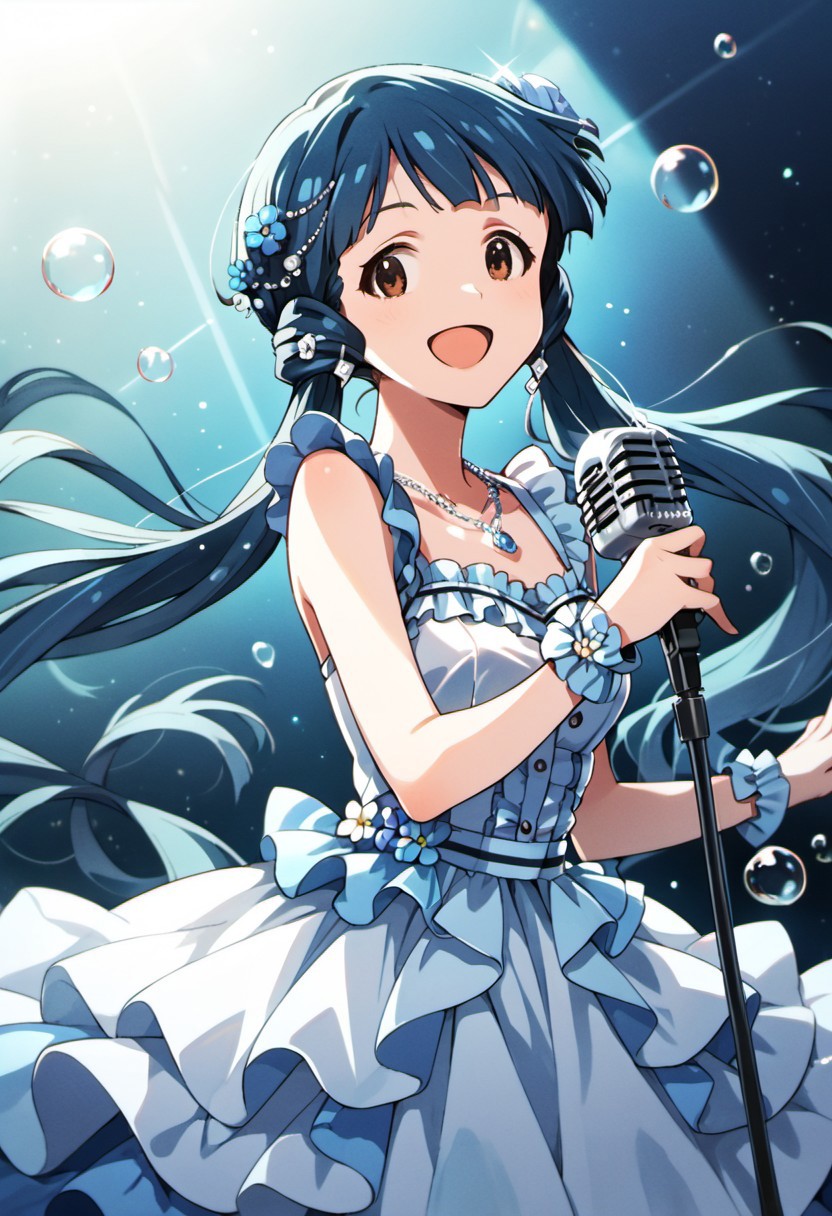 score_9, score_8_up, score_7_up, source_anime, kitakami reika, long hair, blue hair, twintails, brown eyes, 1girl, dress, microphone, jewelry, bubble, hair ornament, necklace, open mouth, flower, smile, frills, solo