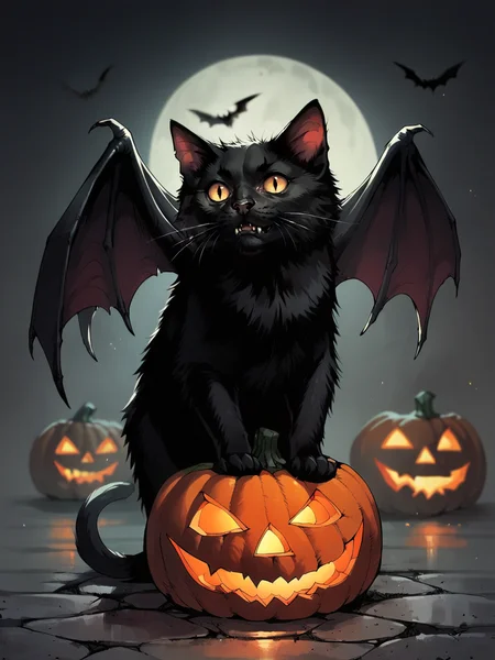 score_9, score_8_up, score_7_up, score_6_up, score_5_up, <lora:catbatXLP:1> catbat, no humans, animal focus, black cat, bat wings, pumpkin,