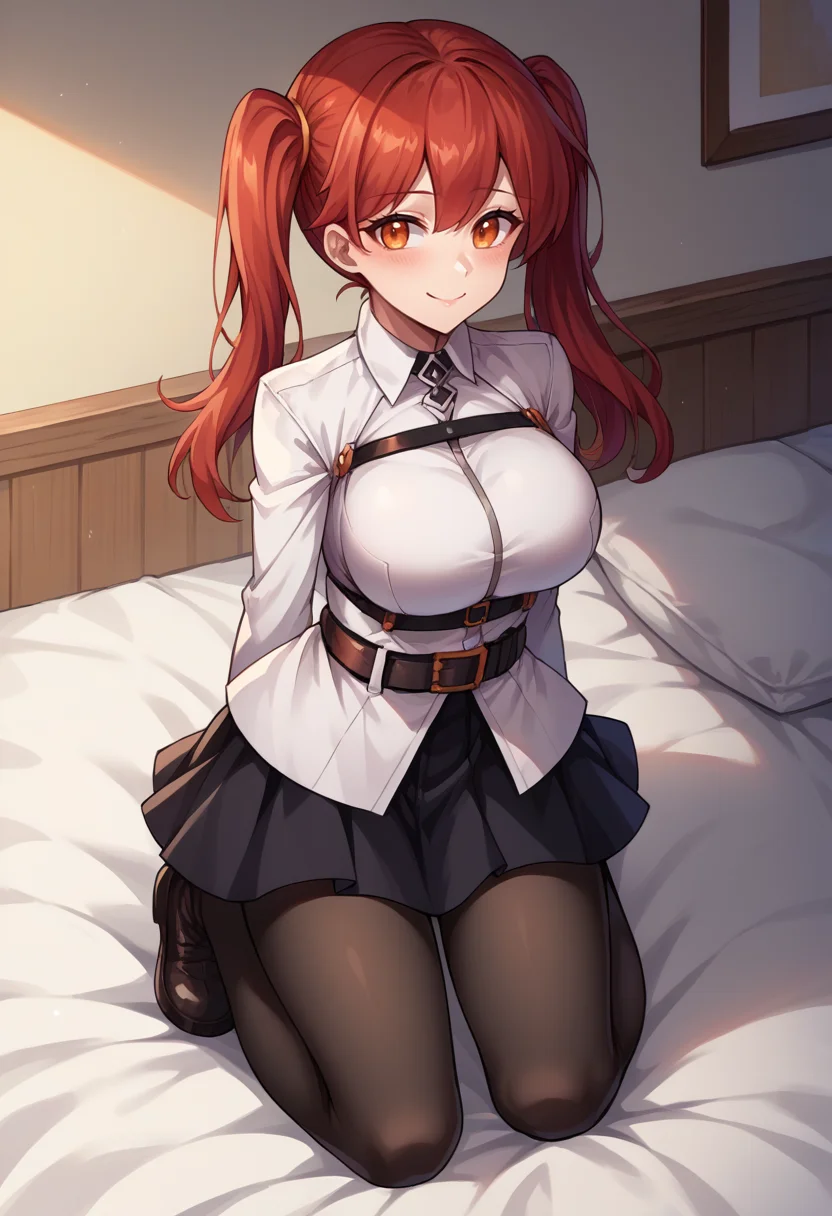 score_9, score_8_up, source_anime, 1girl, solo, red hair, twintails, orange eyes, large breasts, ChaldeaUniformFemaleUniform, chaldea uniform, belt, black skirt, black pantyhose, indoors, seiza, kneeling, on bed, smile, blush, <lora:ChamChaldeaUniformPonyXL:1>