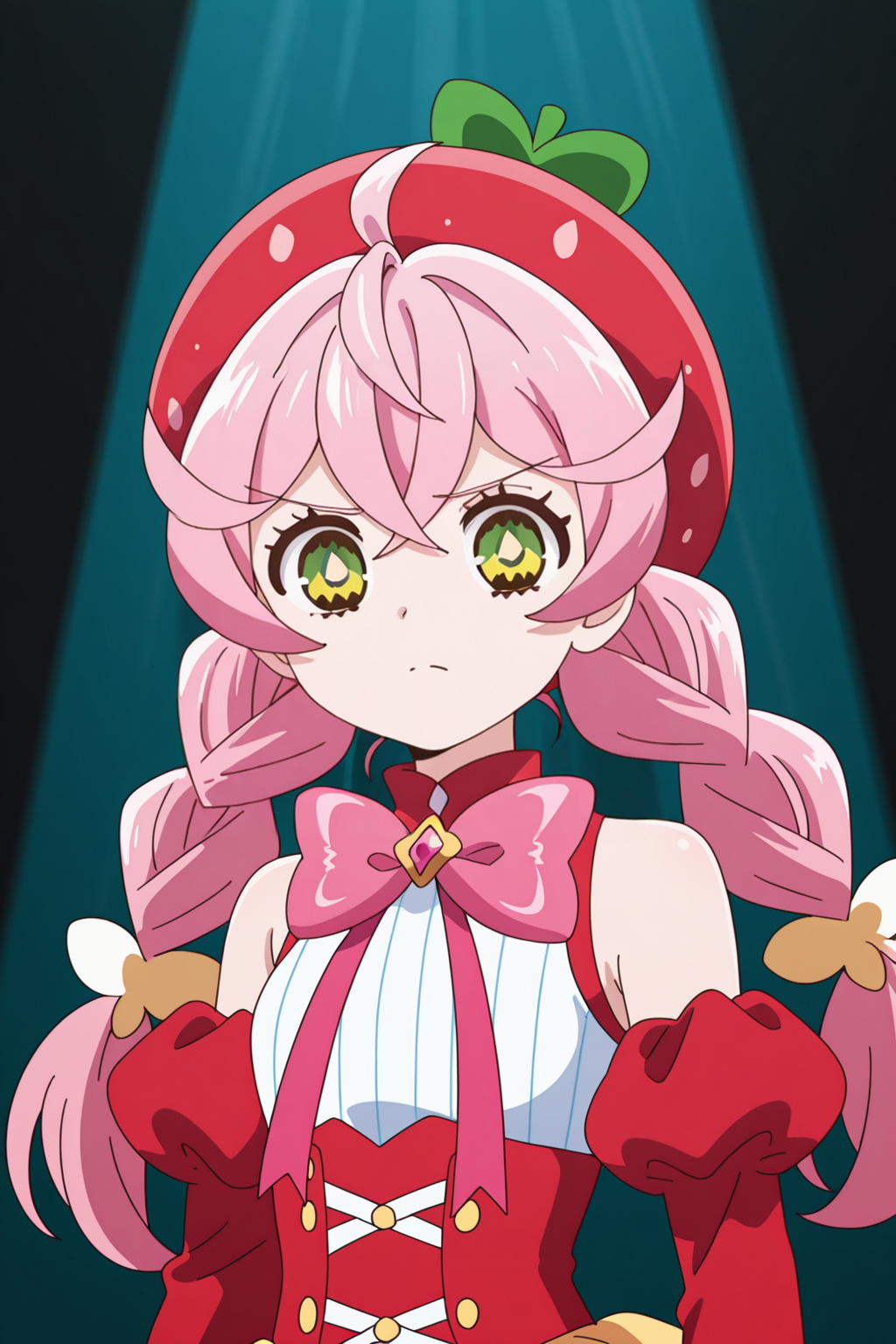 <lora:AcroTrip:1>, AcroTrip, 1girl, pink hair, solo, braid, bow, twin braids, hat, long hair, detached sleeves, yellow eyes, magical girl, bowtie, red headwear, ahoge, green eyes, red sleeves, corset, closed mouth, pink bow, shirt, puffy sleeves, hair between eyes, long sleeves, sleeveless, beret, pink bowtie, twintails, white shirt, spotlight