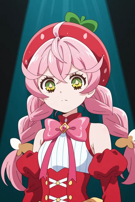 <lora:AcroTrip:1>, AcroTrip, 1girl, pink hair, solo, braid, bow, twin braids, hat, long hair, detached sleeves, yellow eyes, magical girl, bowtie, red headwear, ahoge, green eyes, red sleeves, corset, closed mouth, pink bow, shirt, puffy sleeves, hair between eyes, long sleeves, sleeveless, beret, pink bowtie, twintails, white shirt, spotlight