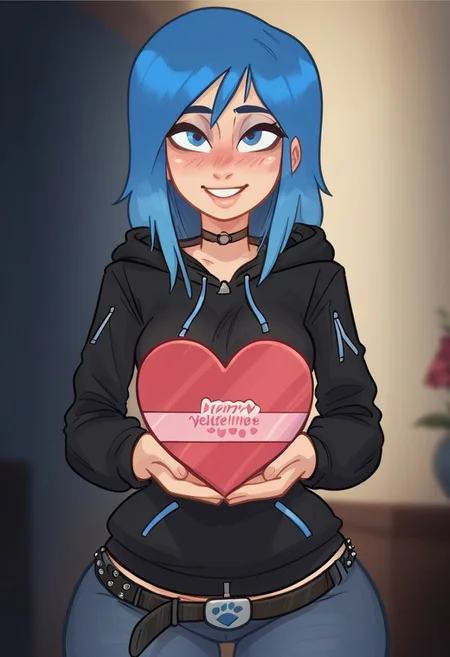 score_9, score_8_up, score_7_up, source_cartoon, rating_explicit, Expressiveh Rapscallionstyle, high detail, perfect face, perfect eyes, very close-up, solo, blush, head tilted, 1 girl, stseve, blue eyes, (blue dyed hair), o-ring choker, jeans, black belt, black jacket, long sleeves, hoodie, wide hips, bottom heavy, sunny, (standing), look at viewer, smiling, blush, heart-shaped box, holding, box, gift, valentine perfect hands