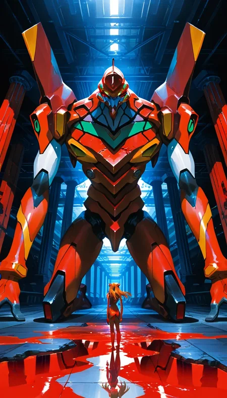 (masterpiece, best quality), safe, amazing quality, very aesthetic, absurdres, highres, newest, HDR, 8K, high detail RAW color art, large pupil, eyelashes,
1girl, solo, souryuu asuka langley, blue eyes, orange hair, long hair, twintails, dynamic poses, stunning colors, effects, 00 renderer, evangelion mecha, (eva 02), huge mechas in the background, evagod, evangelion mecha, science fiction, reflection, bloom, too many pillar of blood light, looking at viewer, (official art, Best), illustration, high res, beautiful abstract background, Futurism, cyberpunk, intense angle, <lora:748cmSDXL:0.5>, <lora:薄塗り:0.25>, <lora:ponyv5_noobV065S_1:0.2>, <lora:spo_sdxl_10ep_4k:0.6>, <lora:MeMaXL4:0.8> <lora:GBF_Illustrious:0.4>